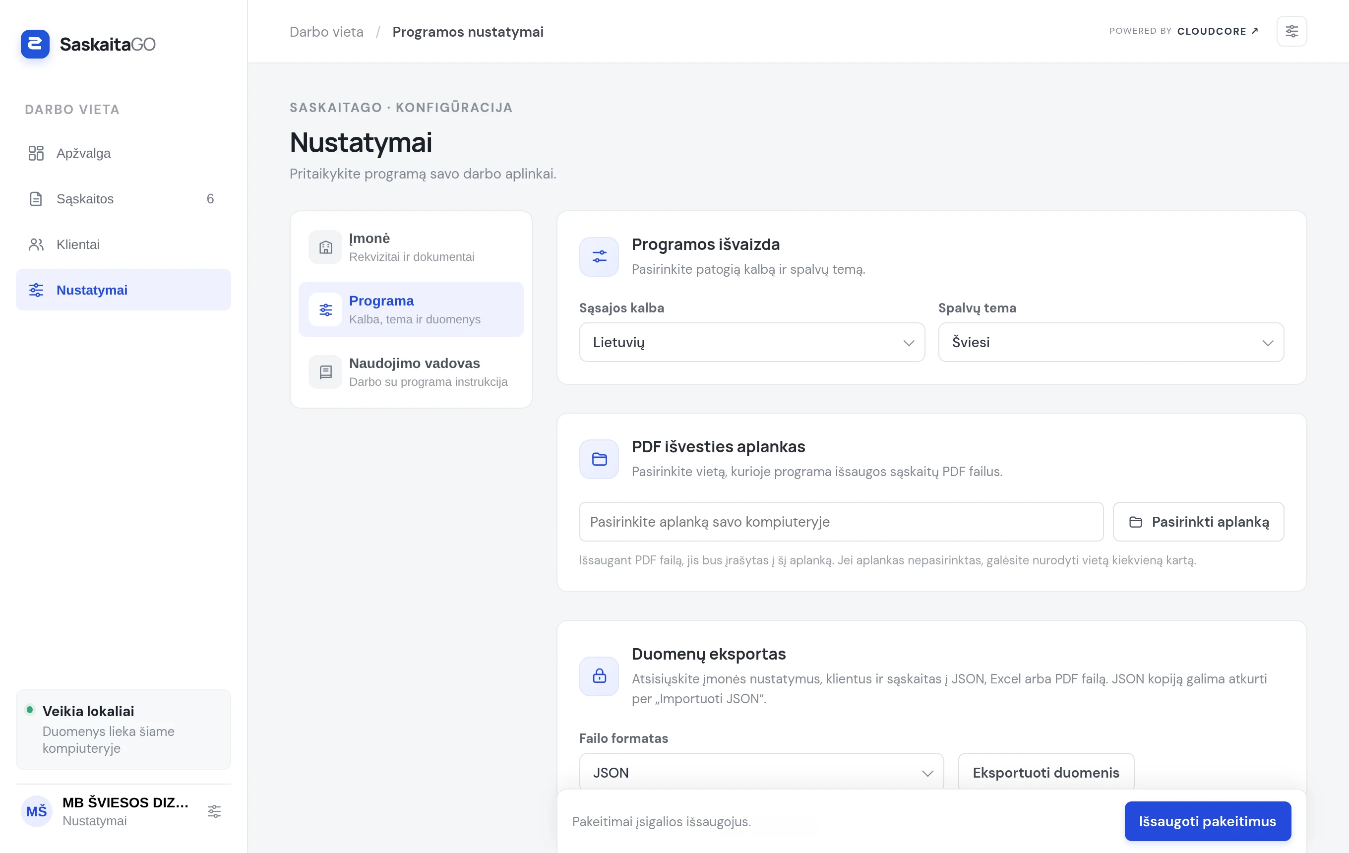 Programos nustatymai ir duomenų eksportas